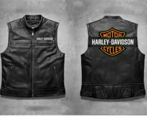 Harley Davidson Men&amp;amp;#039;s Genuine Leather Black Motorcycle Moto-Cafe Vest