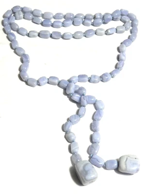 VINTAGE BEAUTIFUL Long Natural Blue Lace Agate Beaded Lariat Tassle NECKLACE - Image 1 of 4