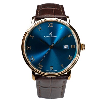Classic Men's Blue Dial Leather Watch Quartz Waterproof August Raurica Date/40mm