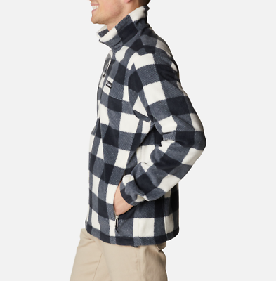 COLUMBIA MEN'S BLACK WHITE MOUNTAIN CHECK PRINT FLEECE ZIP JACKET