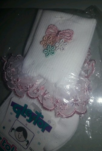 Fancy White pink dressy Ruffle Lace Socks Flower girl Wedding Pageant sz M 3-5 - Picture 2 of 2