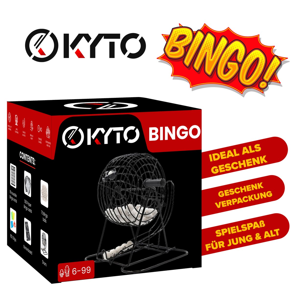 Kyto Bingo Spiel Metalltrommel, RIESEN SET mit 500 Bingokarten