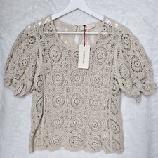 SOLITARIO Talla Mediana Crochet Tejido Abierto Manga Abullonada Top Cottagecore Boho Festoneado