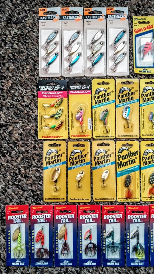 Lote de 33 señuelos de pesca cucharas giratorias Acme Kastmaster Panther Martin cola de gallo Foto 2 de 3