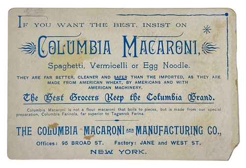 ANTIQUE MERCHANT’S TRADE CARD – COLUMBIA MACARONI & MFG. CO., NEW YORK - Picture 2 of 3