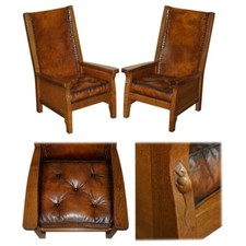 PAIR OF 1940'S ROBERT MOUSEMAN THOMPSON BROWN LEATHER CHESTERFIELD ARMCHAIRS
