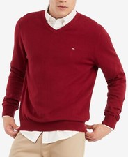 TOMMY HILFIGER Men's Red Signature Solid V-Neck Pullover Sweater NEW 2XL XXL