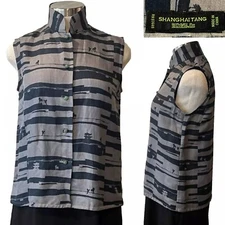 SHANGHAI TANG $899 Navy/Grey Equestrian Stripe Silk/Linen Tang Top 8AUST-UK/4US