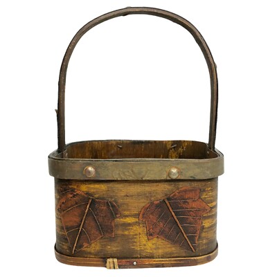 Vintage Wooden Basket Tin Leaf Appliqué Embossed Handle Fall Decor Thanksgiving 