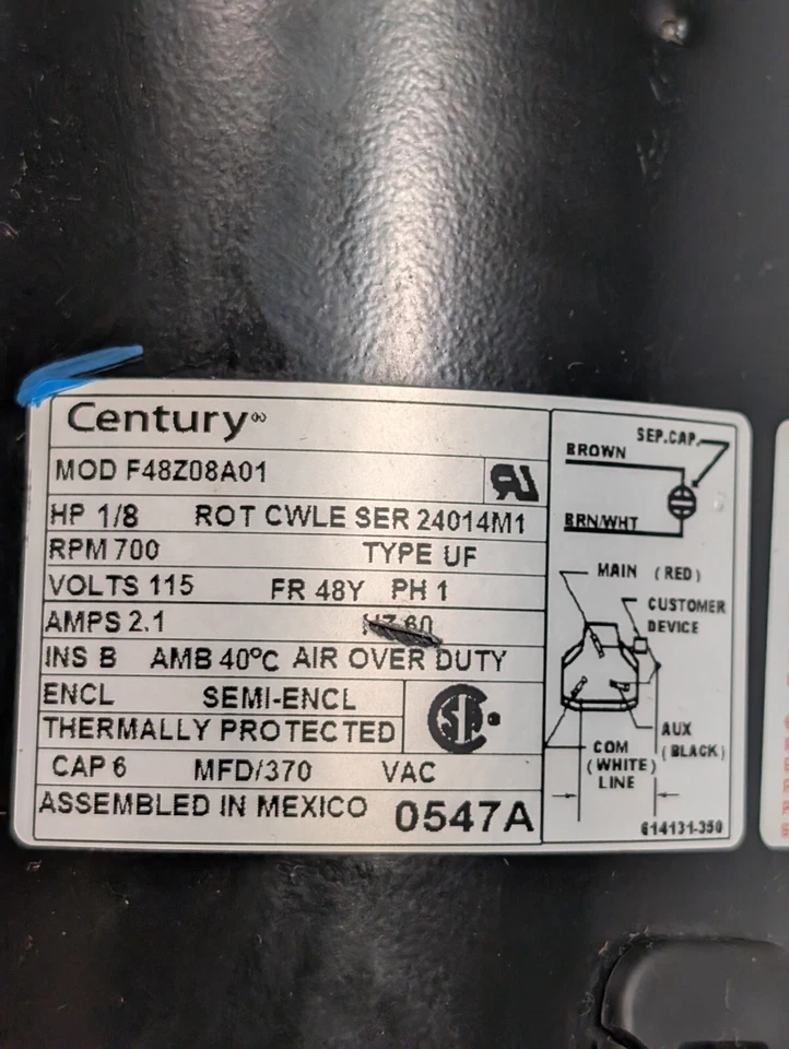 Motor de repuesto Century 0547A F48Z08A01 1/8HP, 1PH, 700RPM, 115V, 2.1A Foto 3 de 4