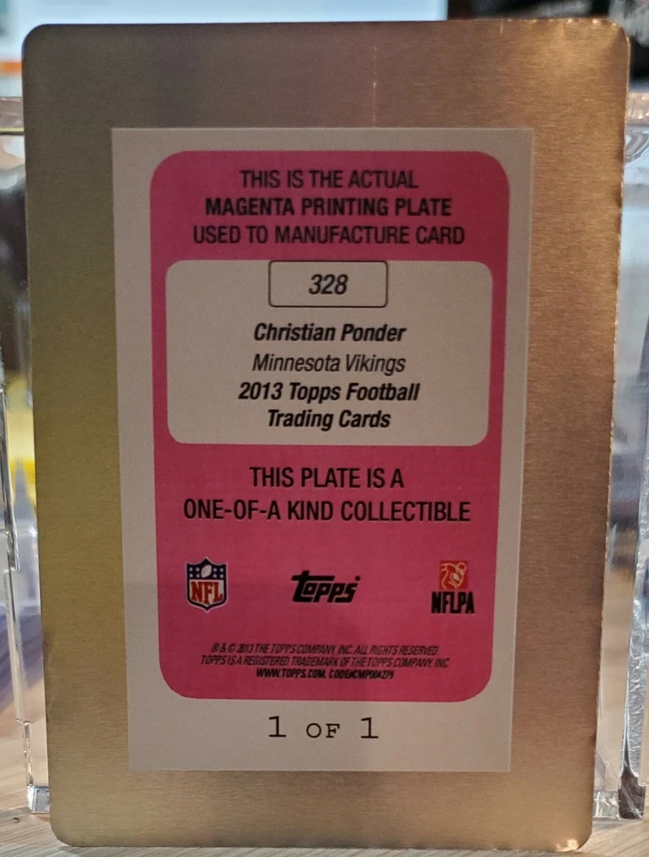 2013 Topps Football Christian Ponder #328 Magenta Printing Plate Only 1/1 World - Image 2 of 2