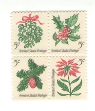 Mistletoe, Holly, Poinsettia, Evergreens 59 Year Old Mint Vintage Stamp Block
