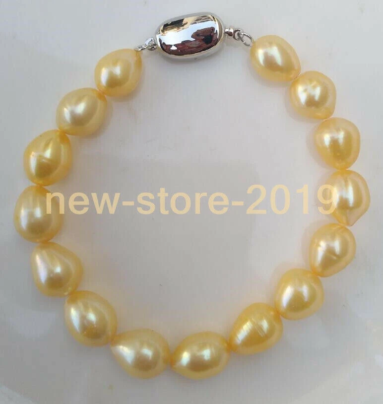 AAA++ Real South Sea Pearl Bracelet Natural 8x10mm Yellow 7.5-8" S925 Sliver - Image 2 of 4