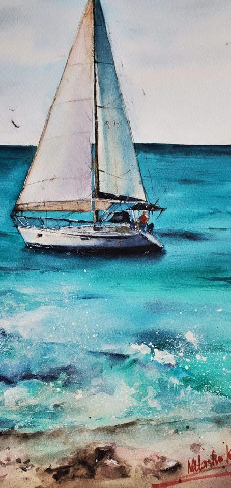 Decoração de parede original aquarela pintada à mão arte paisagem marítima tropical veleiro - Imagem 3 de 4