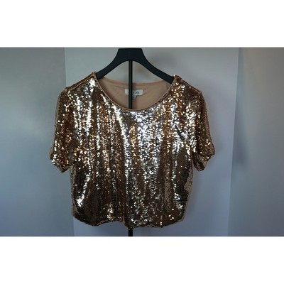 She + Sky Rose Gold Sequin Crop Top Short Sleeve Blouse SS5016 Womens Medium