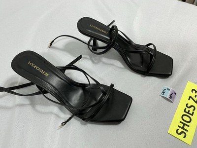 Womans New Loop Charm Strappy Sandals Black Size 8 Open Toe Flared Heel