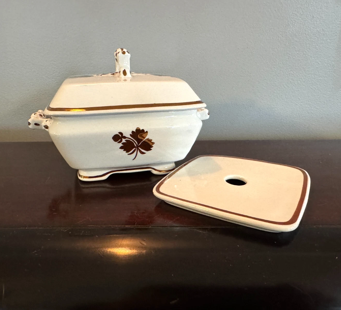 Antique Wilkinson Tea Leaf Copper Luster Ironstone Butter Dish w/ Insert England