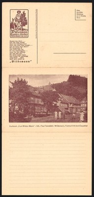 Klapp-AK Wildemann, Kurhotel Zum Wilden Mann, rückseitig Die Sage vom Wilden Ma 