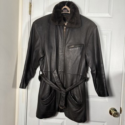 Wilsons Pelle Studio Womens Large Black Leather Coat Belted Thinsulate
