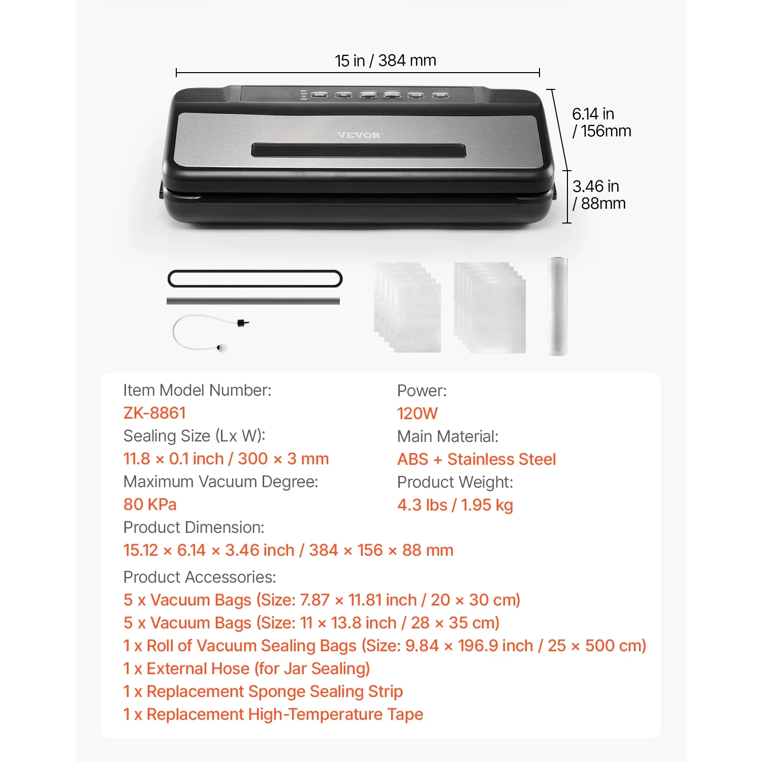 80Kpa 120W Electric Vacuum Sealer Machine 7-In-1 Wet Food Sealer with Free 10Pcs