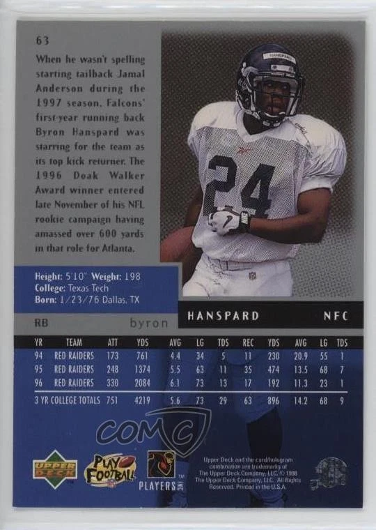 1998 Upper Deck Black Diamond Quadruple Diamond /50 Byron Hanspard #63 - Image 2 of 2