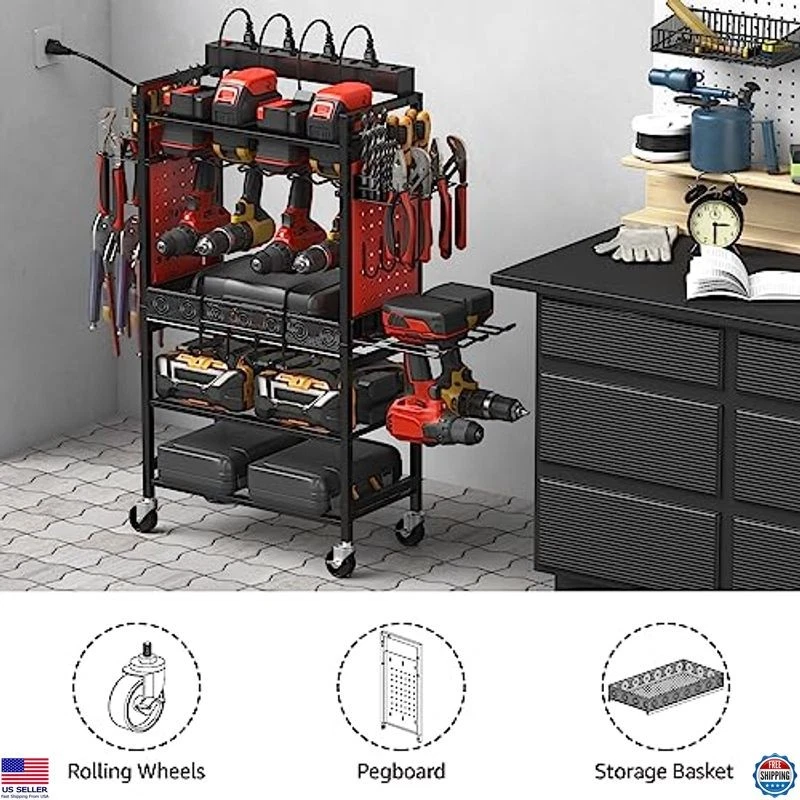 Power Tool Organizer Cart with Charging Station, Rolling Storage on Wheels, Red - Image 4 of 4