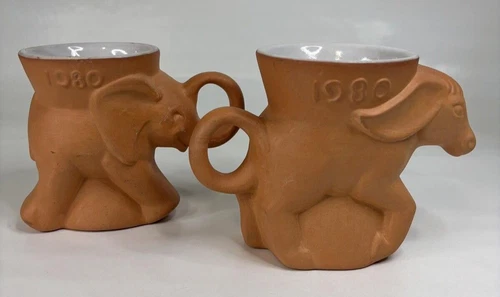 Francoma Pottery 1980 Political Mugs Marked DEM GOP Terra Cotta Elephant Donkey