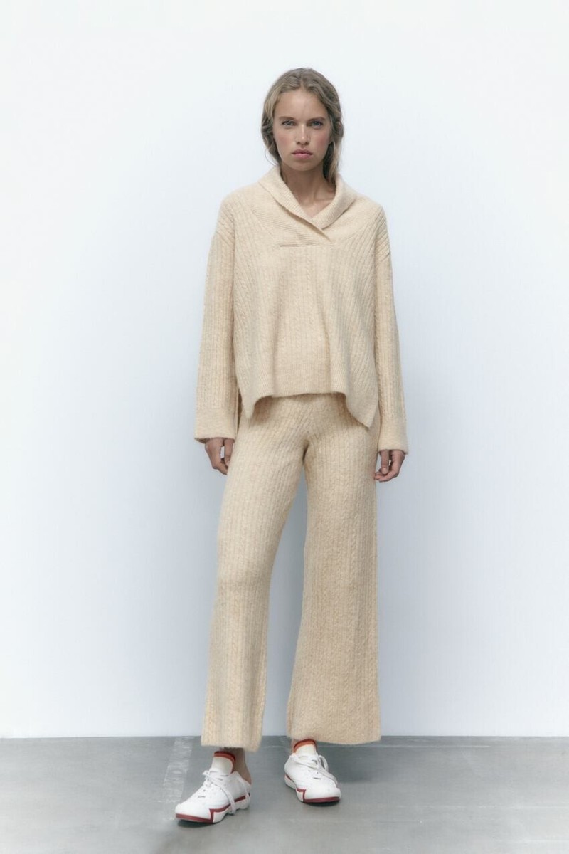 Zara Beige Co Ord Matching Set Jumper Cable Knit Trousers