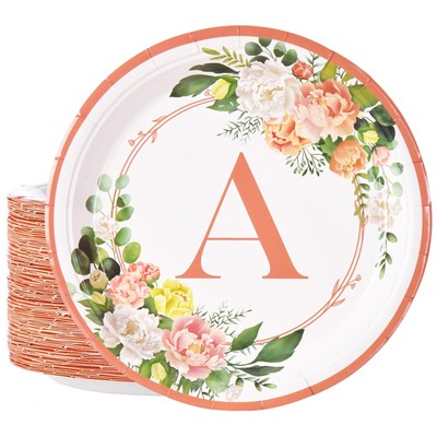 60 Pcs Floral Paper Plates 9'' Letter A Tea Party Plates Bridal Shower Plates ...