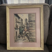 Vintage Watercolor Painting Santa Prisca Church & Street Taxco Mexico Signed JB