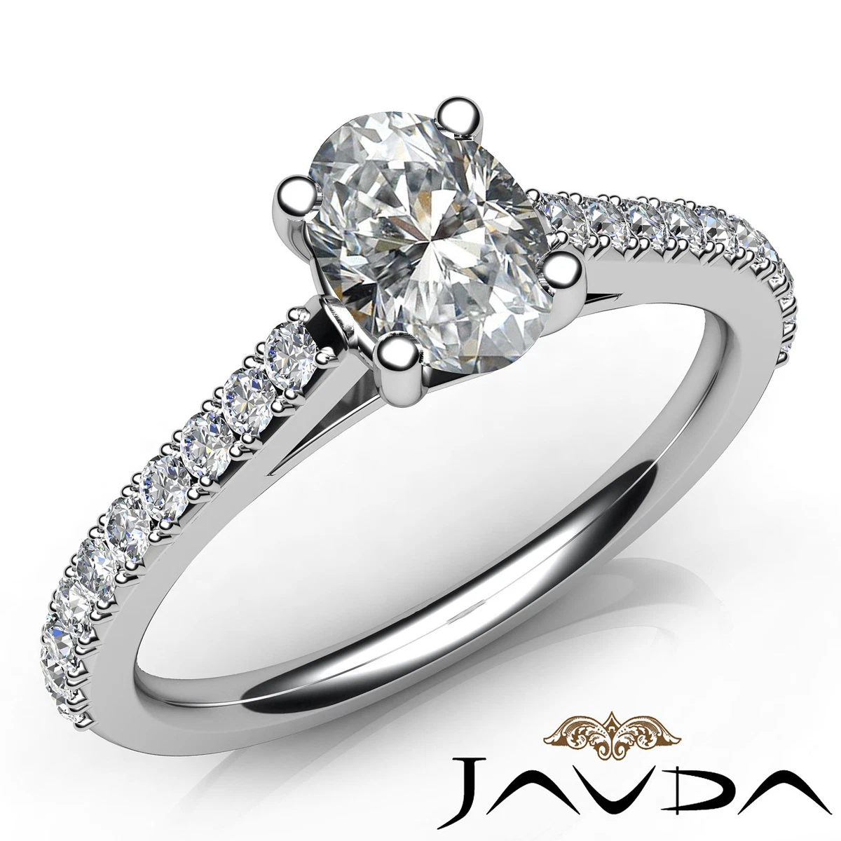 French V Pave Basket Set Oval Shape Diamond Engagement Ring GIA E
