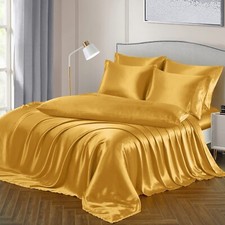 Ersmak 7 Pieces Satin Sheets Set King Size, Luxury Silky Gold Satin Bed Sheet...
