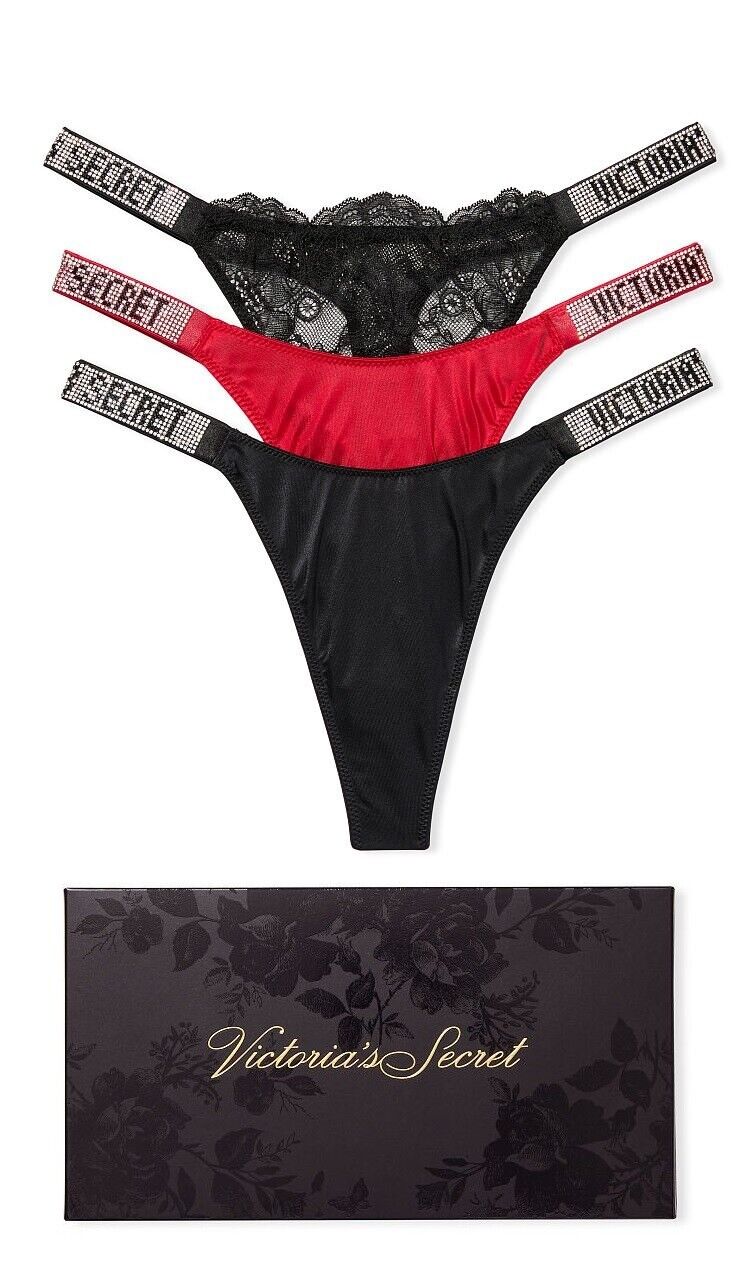 3 PAIRS VICTORIAS SECRET VERY SEXY SHINE STRAP THONG PANTY BOX GIFT SET S  XL NIB