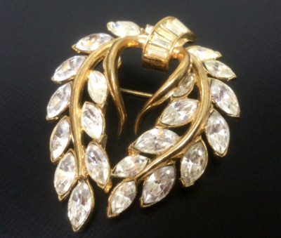 Trifari Brooch Ice Crystals Large Marquise & Baguette Rhinestones Crown Logo VTG