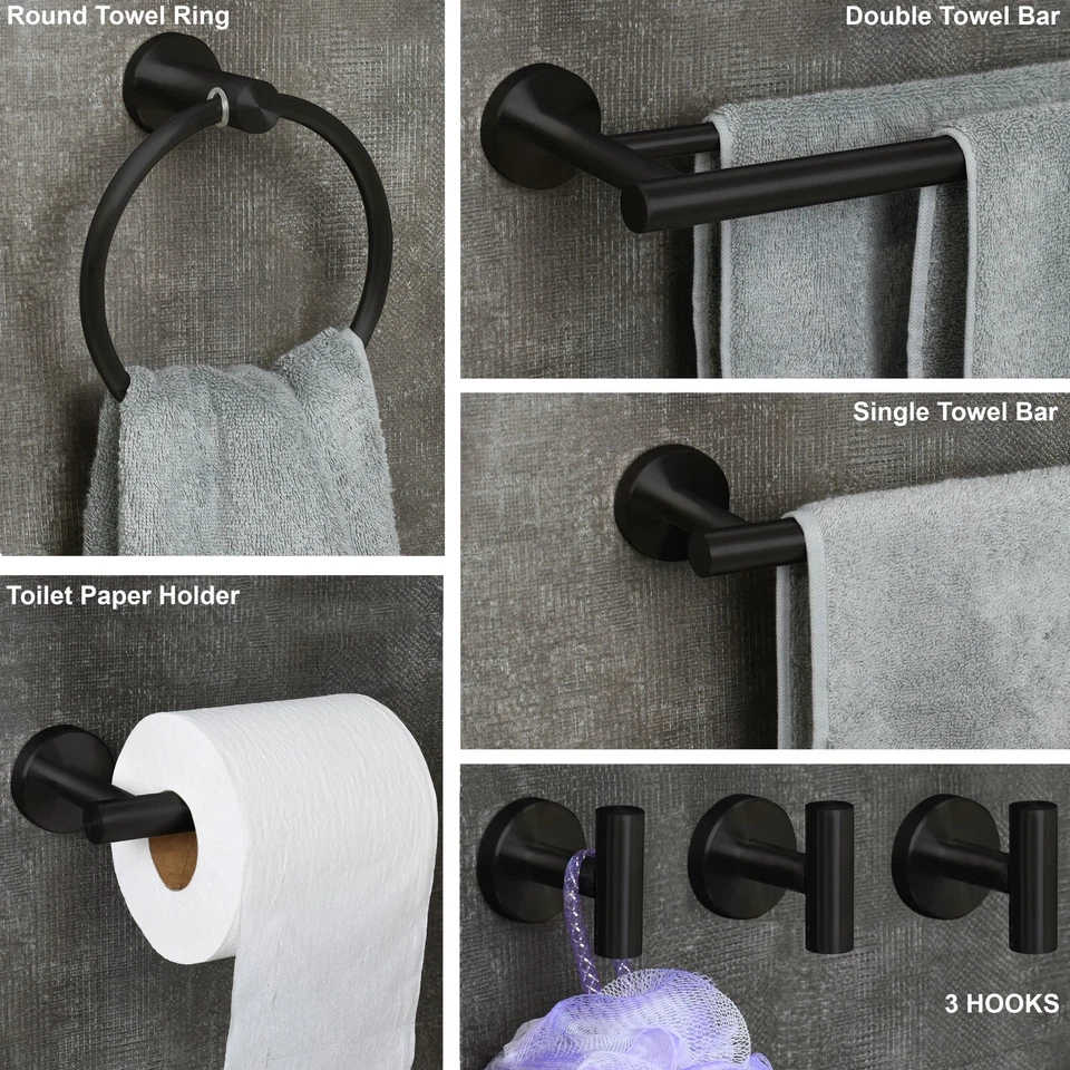 CANLUXY Porte Serviette Salle de Bain kit 7 pièce en acier inoxydable, Noir Foto 3 de 4
