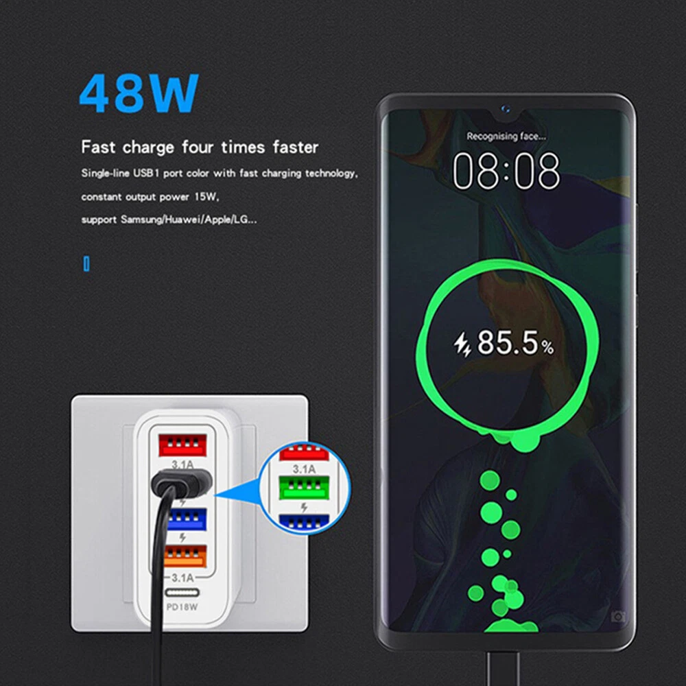 5 Multi Port USB Hub Charger Station Wall Fast Charger PD Power Adapter US Plug