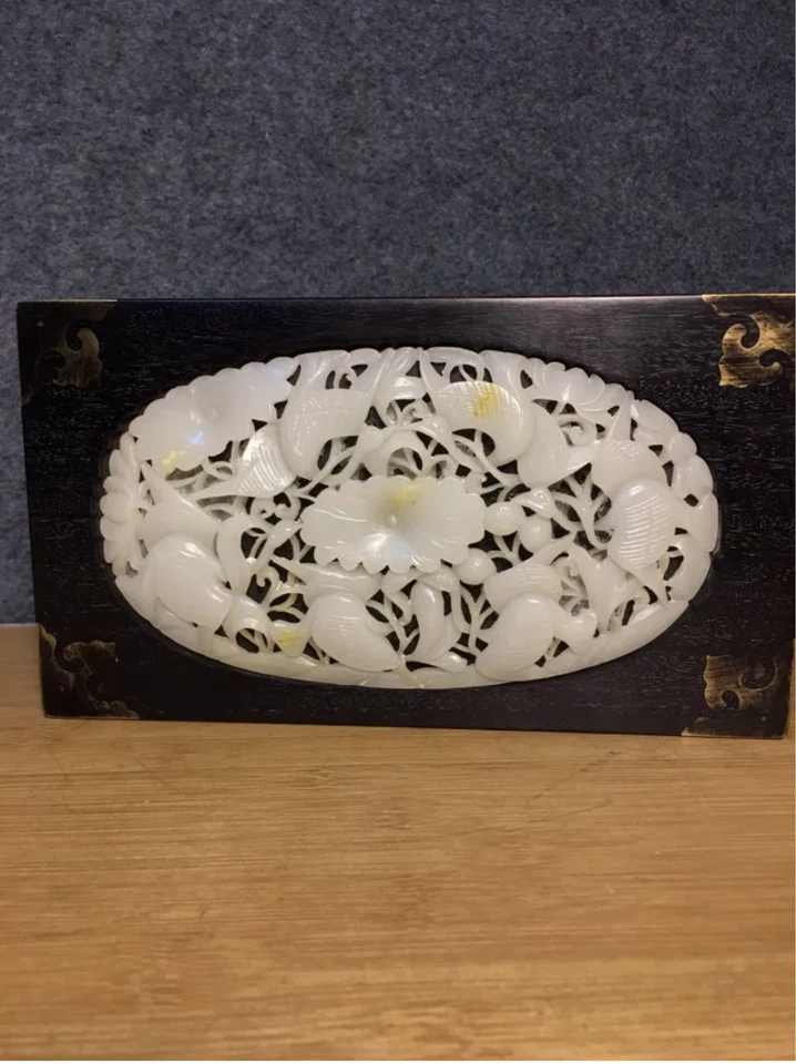 Caixa de joias vintage chinesa de madeira dura incrustada branca de jade Afeganistão - Imagem 4 de 4