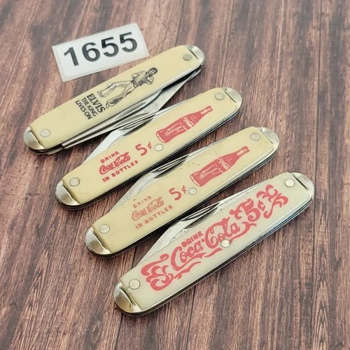 Lot Of 4 Vintage Pocket Knives Made In USA Coca Cola Logos Elvis Parts Repair