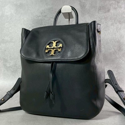 Tory Burch Mirror Metal Logo Leather Backpack Double T Design Black Women's
