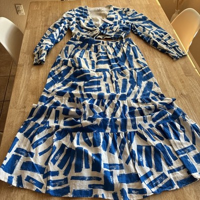 House of Harlow 1960 Jacket Skirt Set Women Blue/White Boho Chic 100% COTTON NWT