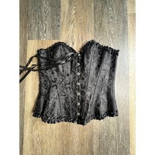Brocade Floral Corset Women L Black Excellent Lace Up Ruffle Bustier