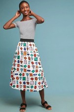 Anthropologie Maeve Gemstone Midi Skirt L Cotton Pockets Elastic Waist