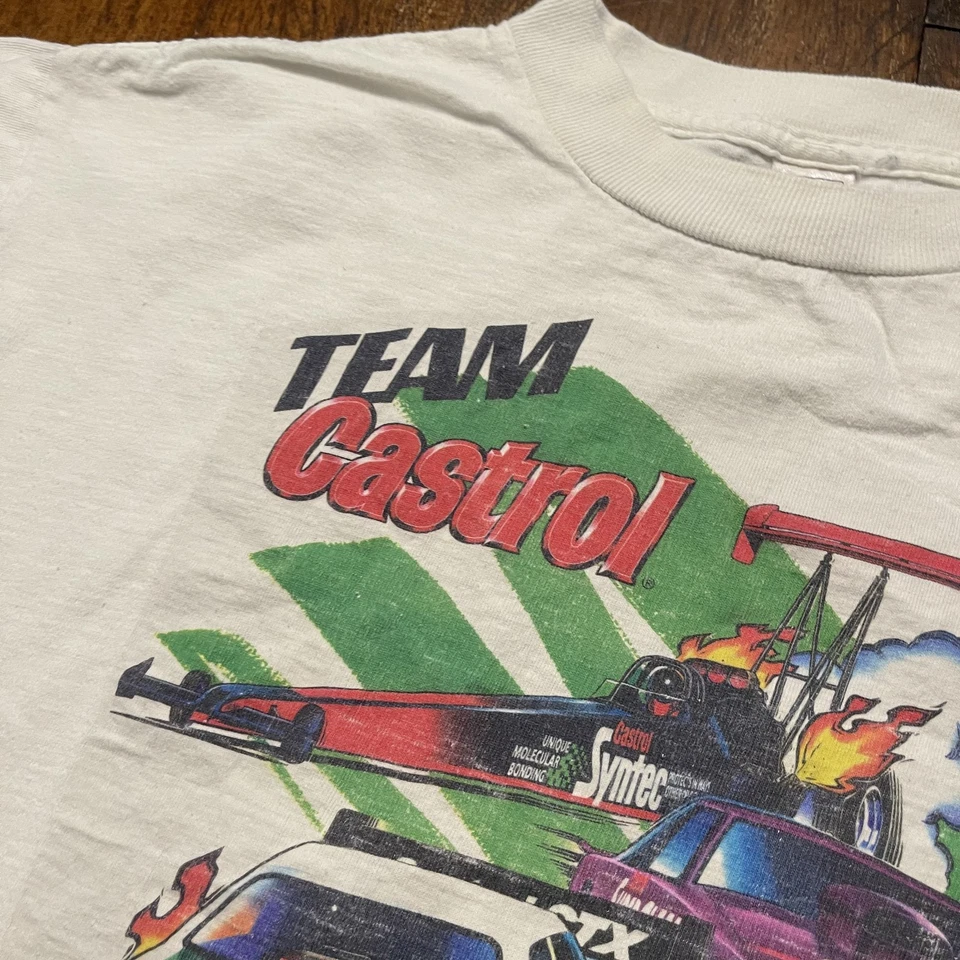 Camisa De Colección Team Castrol Para Hombres Grande Blanca Arrastre Carreras Divertida Coche Top Combustible Años 90 Foto 4 de 4
