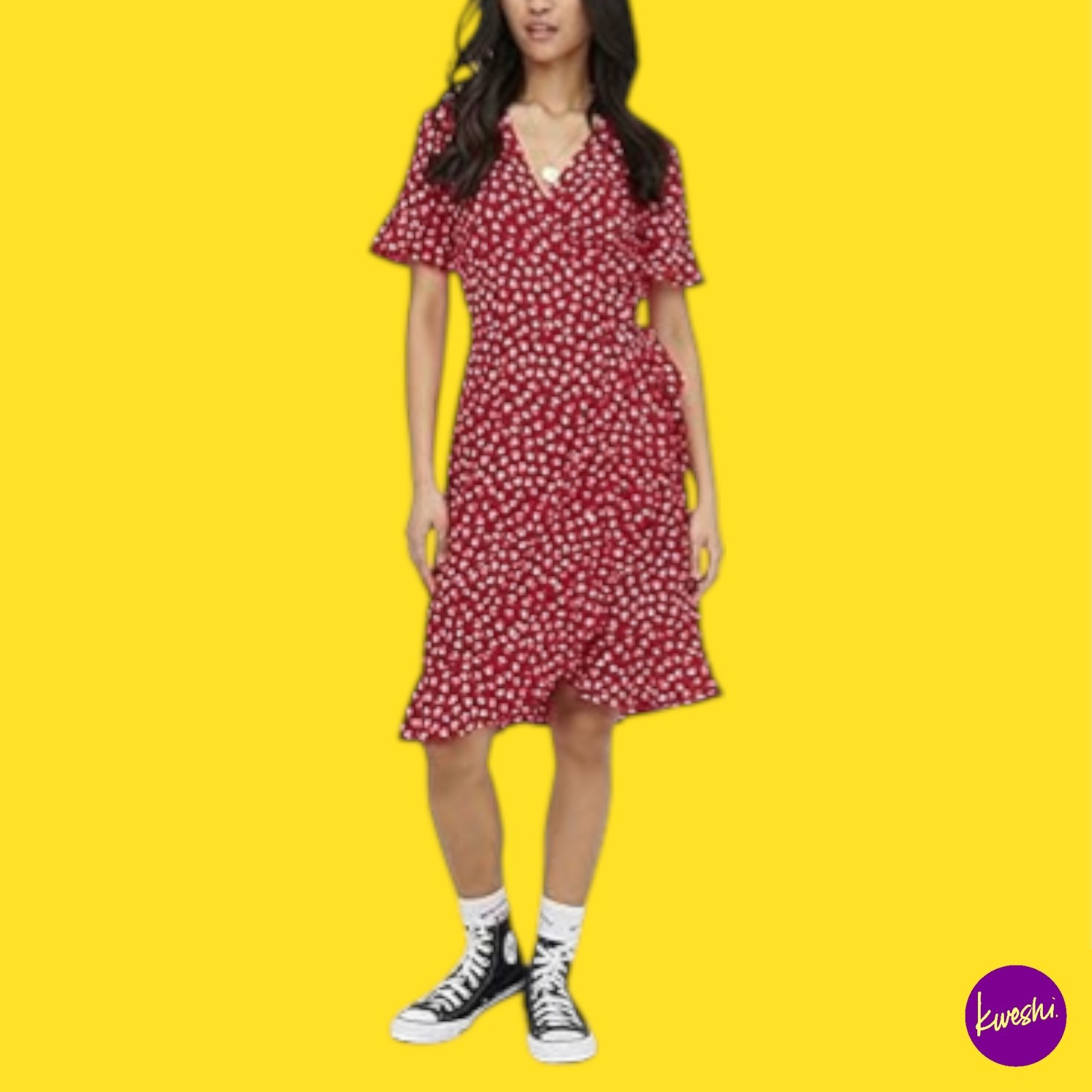 ONLY Women's Olivia Short Sleeve Wrap Dress, V-Neck Mini, Red Fiona Ditsy, UK 12