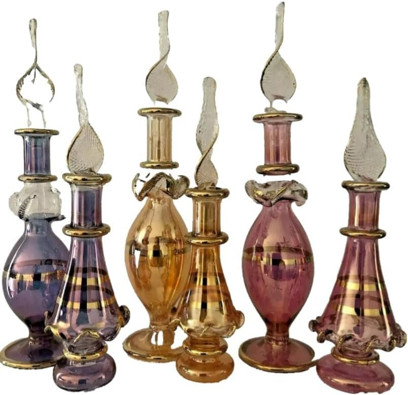 Kemet Christmas Set of 6 Mouth Blown Egyptian Perfume Bottles Glass 4 and 5 inch
