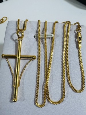 22K Solid 916 Real Pure Gold Cross Set Necklace 20  Long 7.26g 1.6mm