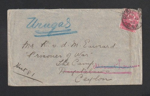 1902 Boer War Cover Cape Good Hope to Ceylon POW Camp Diyatalawa Lavinia Urugas