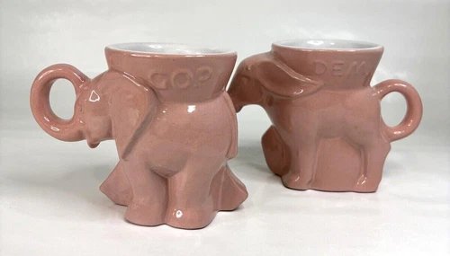 Francoma Pottery 1977 Political Mugs Marked DEM GOP Pale Pink Elephant Donkey