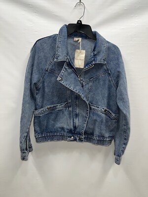 Hem & Thread Jacket Women s Large Blue Cotton Denim Full Zip Snap Pockets