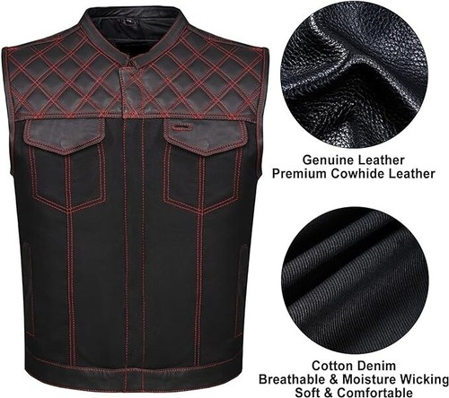 SOA Men's Motorcycle Club Denim & Leather Vest w/ 2 Concealed Carry Pocket - Picture 5 of 34